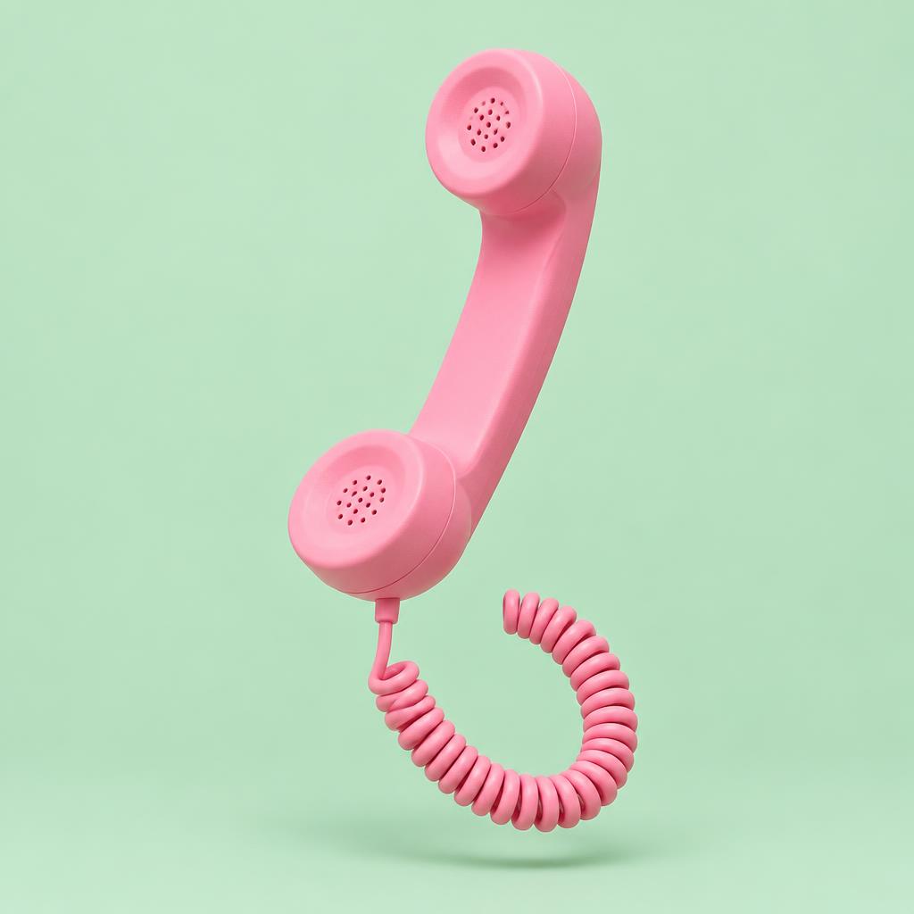 Bubblegum pink retro telephone handset with a coiled cord on a soft mint background